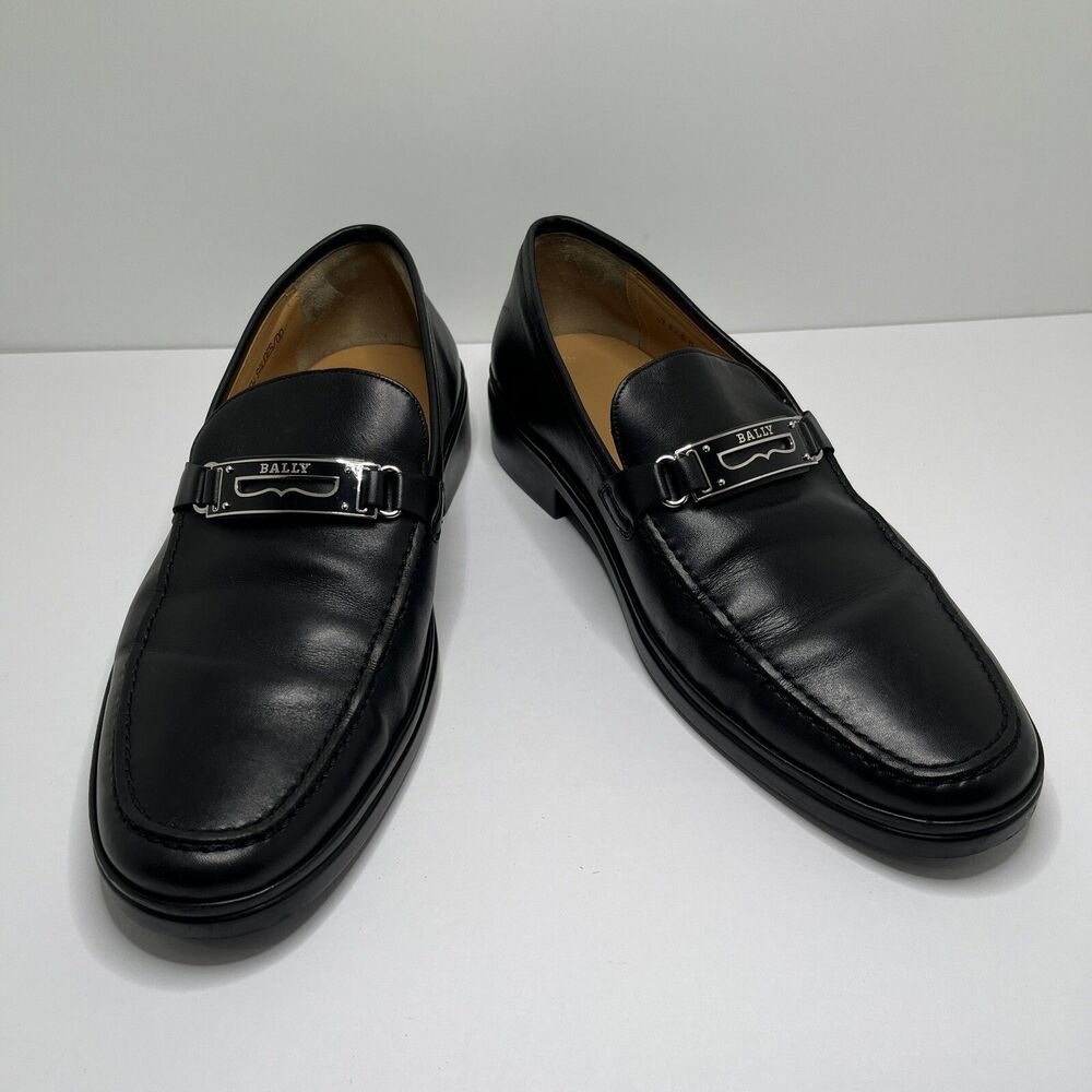 BALLY Black Leather Loafers Dress Shoes Silver Buckle Logo Men’s Size 8 D RARE